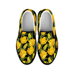 Yellow Tulip Pattern Print Black Slip On Shoes