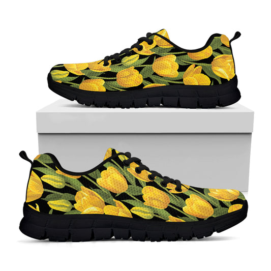 Yellow Tulip Pattern Print Black Sneakers
