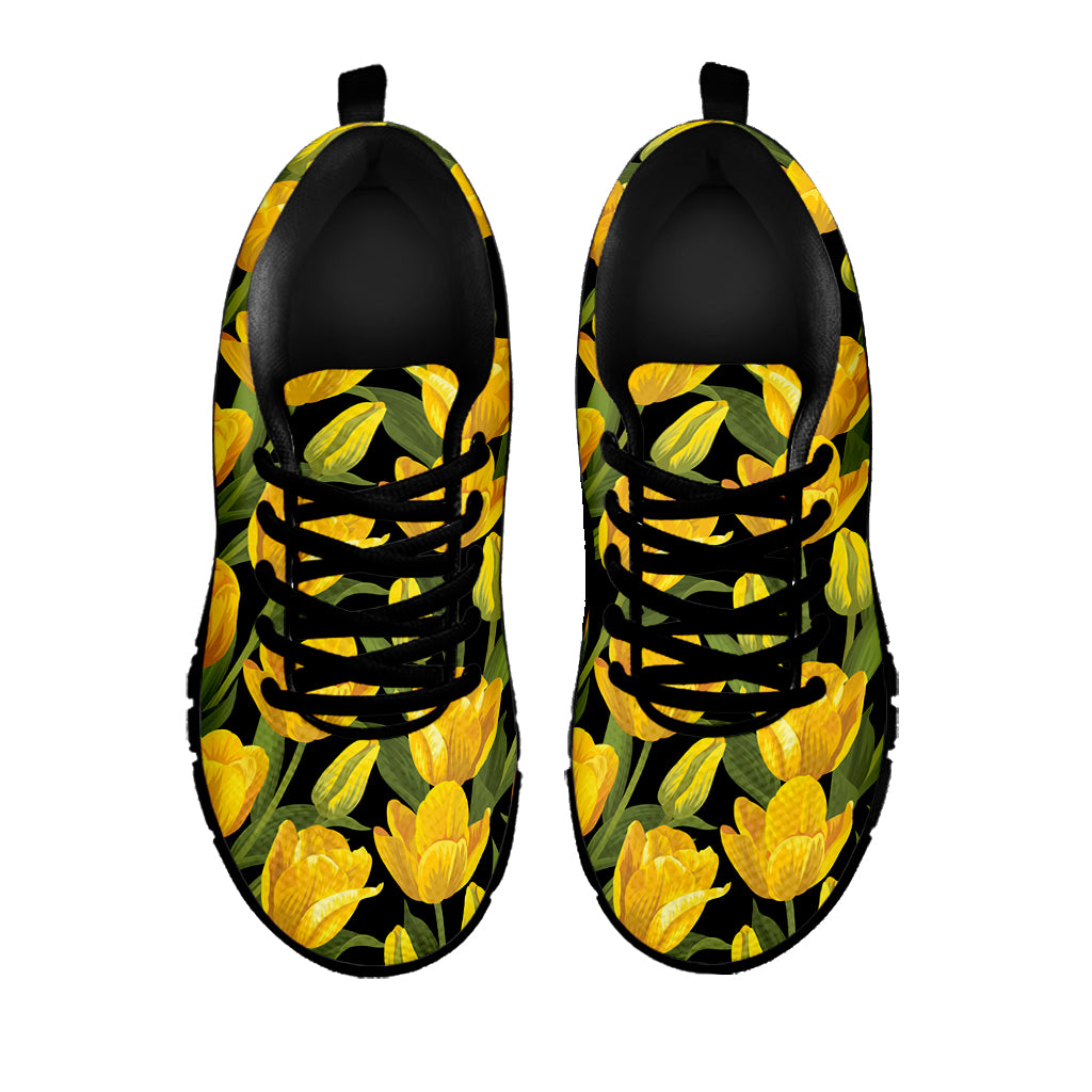 Yellow Tulip Pattern Print Black Sneakers