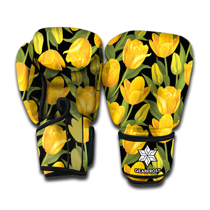 Yellow Tulip Pattern Print Boxing Gloves