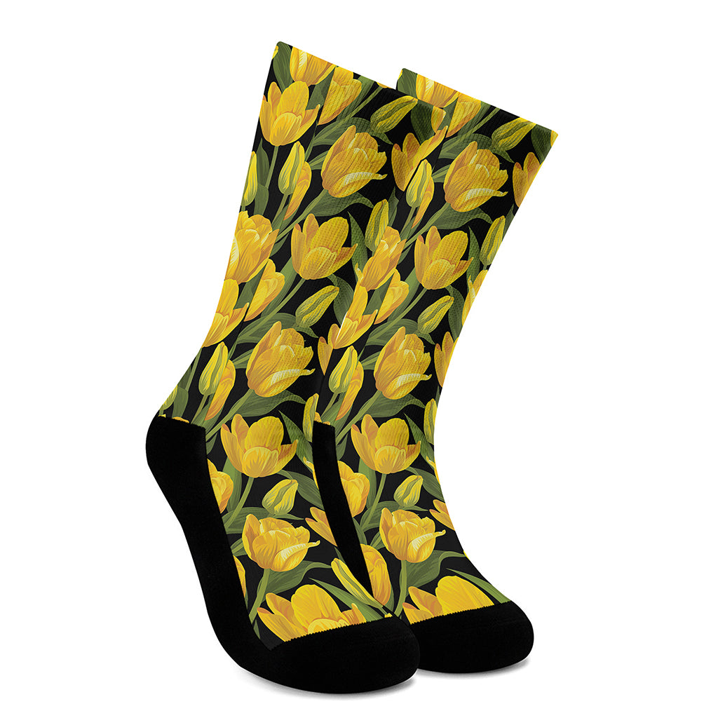 Yellow Tulip Pattern Print Crew Socks