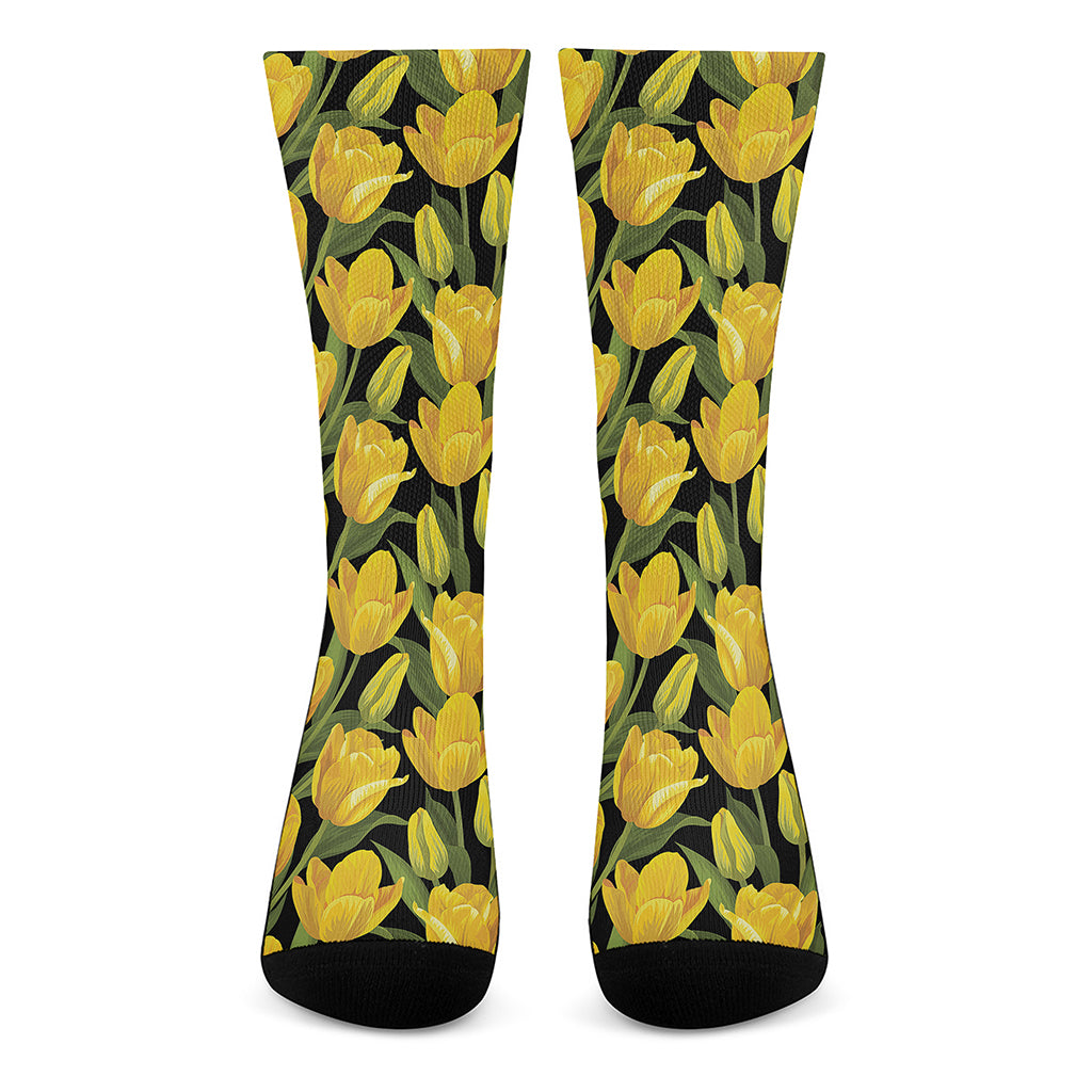 Yellow Tulip Pattern Print Crew Socks
