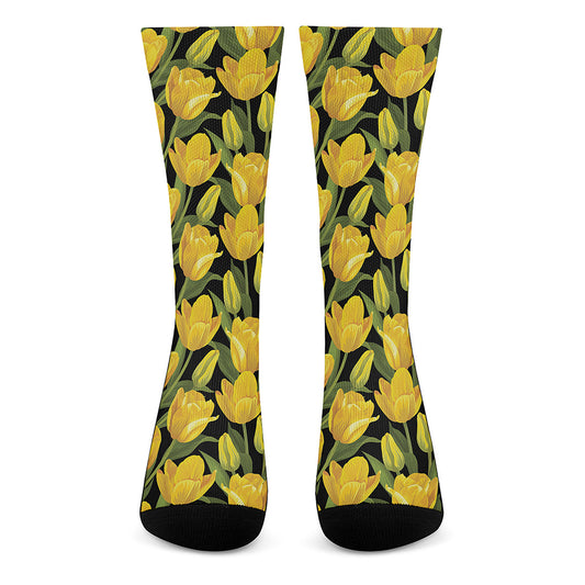 Yellow Tulip Pattern Print Crew Socks