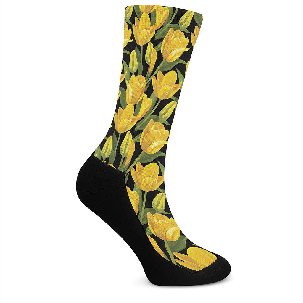 Yellow Tulip Pattern Print Crew Socks
