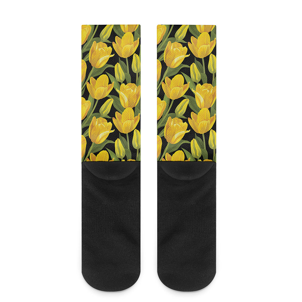 Yellow Tulip Pattern Print Crew Socks