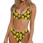 Yellow Tulip Pattern Print Front Bow Tie Bikini