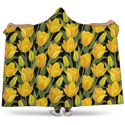 Yellow Tulip Pattern Print Hooded Blanket