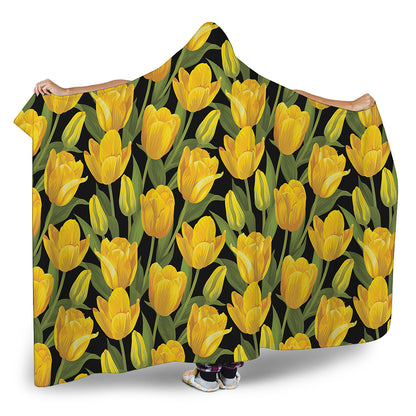 Yellow Tulip Pattern Print Hooded Blanket