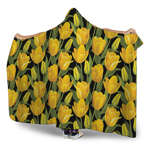Yellow Tulip Pattern Print Hooded Blanket