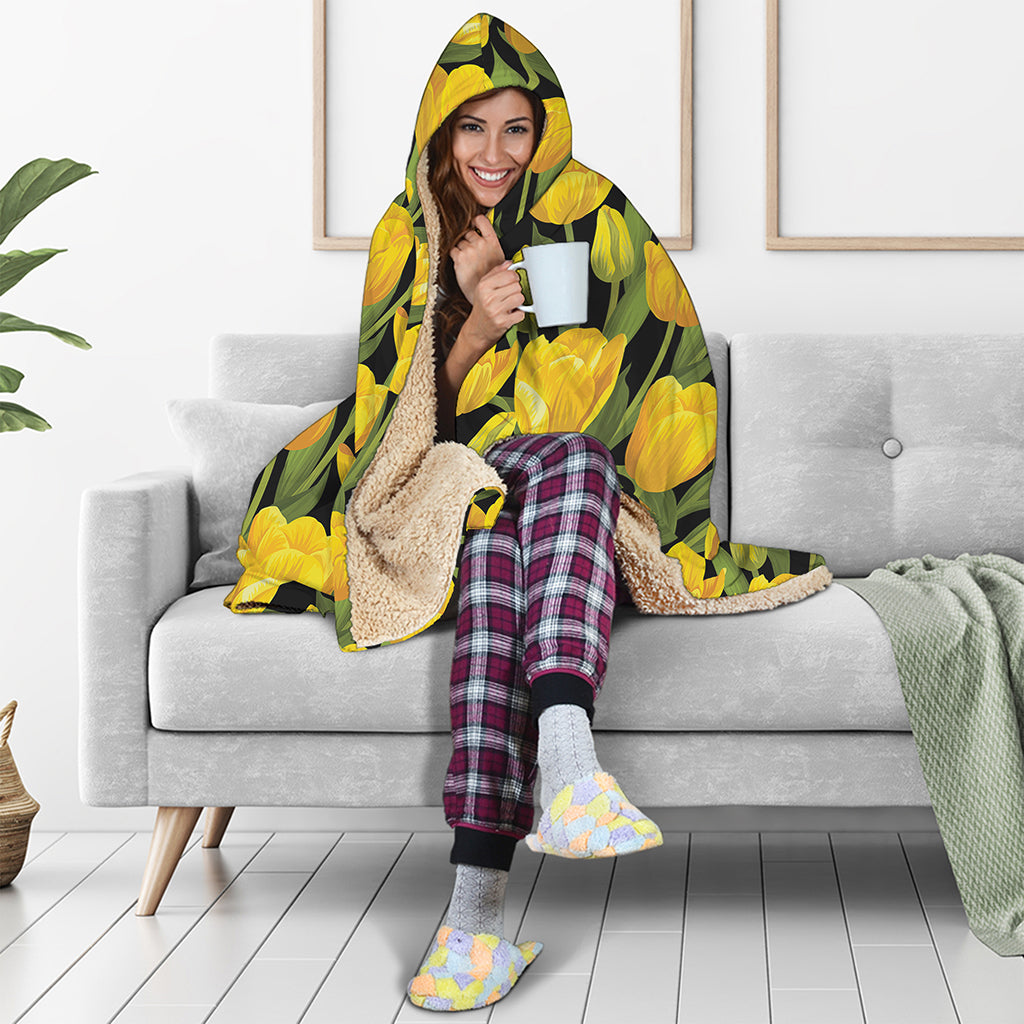Yellow Tulip Pattern Print Hooded Blanket