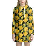 Yellow Tulip Pattern Print Hoodie Dress