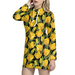 Yellow Tulip Pattern Print Hoodie Dress
