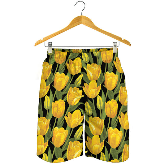 Yellow Tulip Pattern Print Men's Shorts