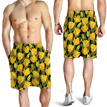 Yellow Tulip Pattern Print Men's Shorts