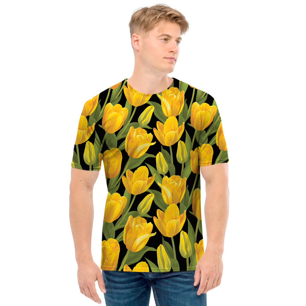 Yellow Tulip Pattern Print Men's T-Shirt