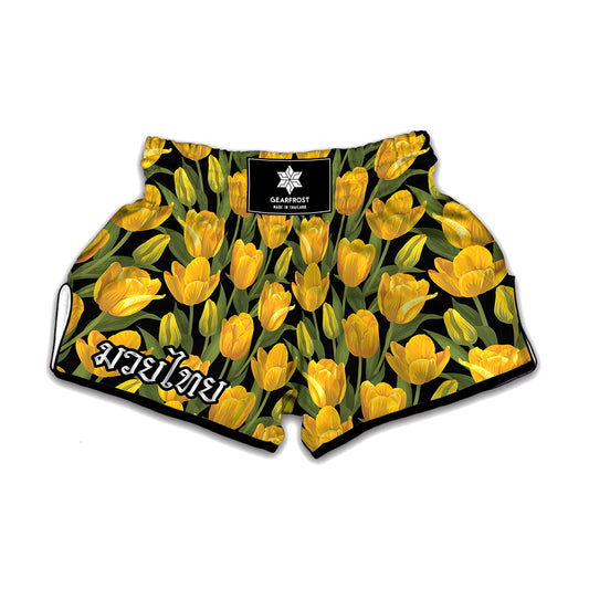 Yellow Tulip Pattern Print Muay Thai Boxing Shorts