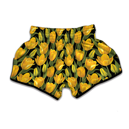 Yellow Tulip Pattern Print Muay Thai Boxing Shorts