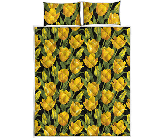 Yellow Tulip Pattern Print Quilt Bed Set