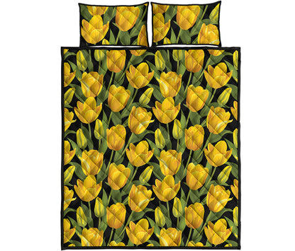 Yellow Tulip Pattern Print Quilt Bed Set