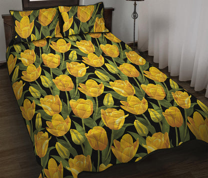 Yellow Tulip Pattern Print Quilt Bed Set