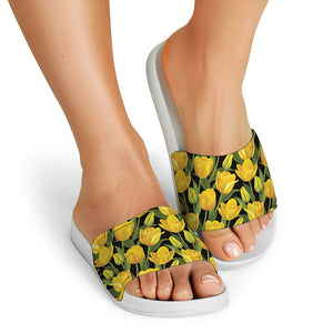 Yellow Tulip Pattern Print White Slide Sandals