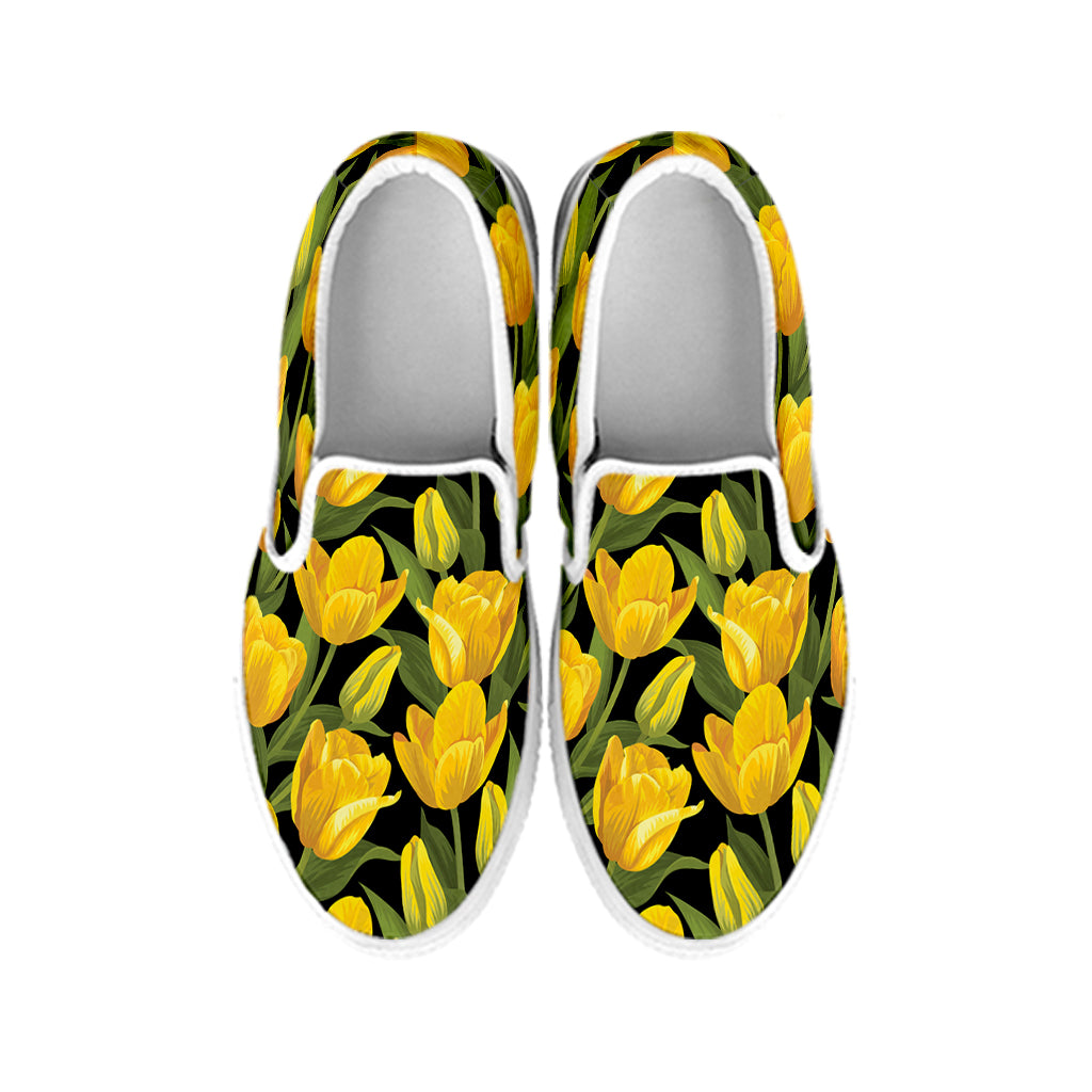 Yellow Tulip Pattern Print White Slip On Shoes