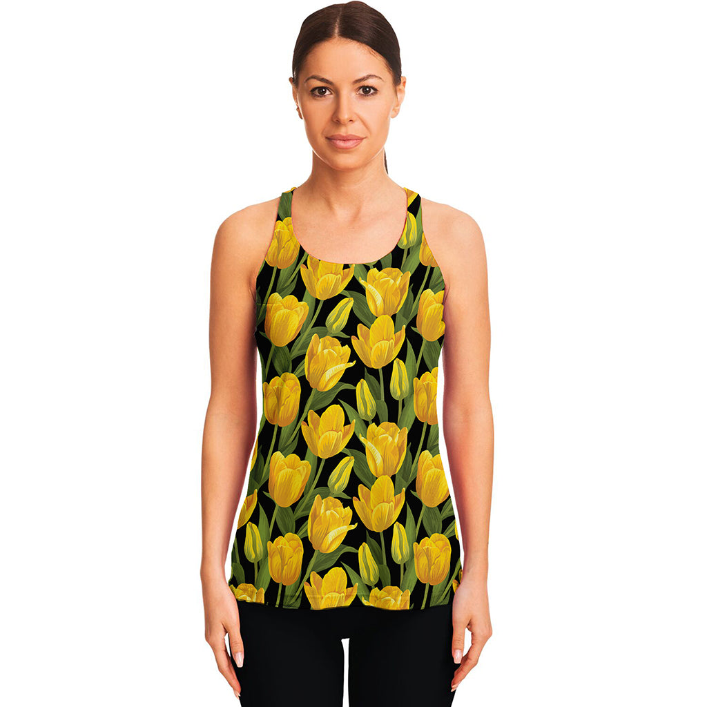 Yellow Tulip Pattern Print Women's Racerback Tank Top