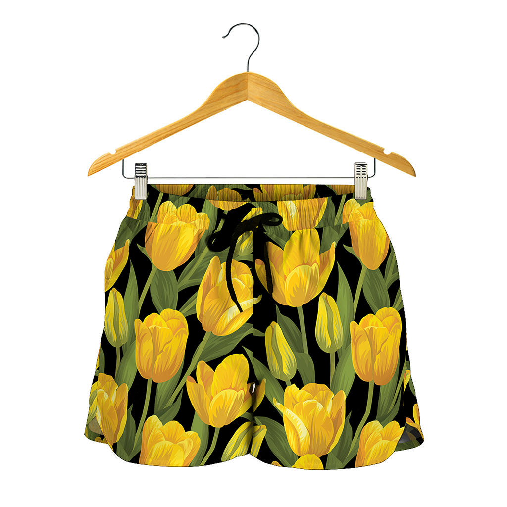 Yellow Tulip Pattern Print Women's Shorts
