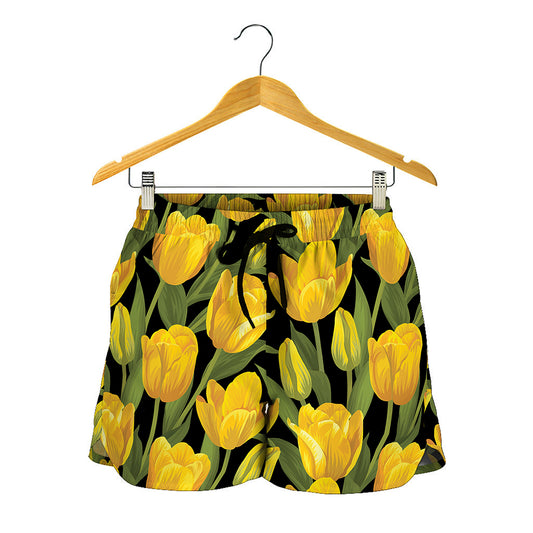 Yellow Tulip Pattern Print Women's Shorts