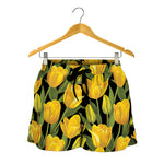 Yellow Tulip Pattern Print Women's Shorts