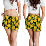Yellow Tulip Pattern Print Women's Shorts