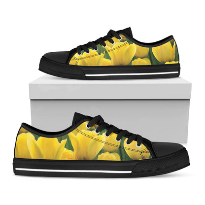 Yellow Tulip Print Black Low Top Shoes