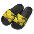 Yellow Tulip Print Black Slide Sandals