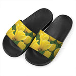 Yellow Tulip Print Black Slide Sandals