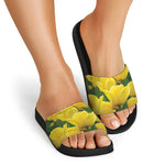 Yellow Tulip Print Black Slide Sandals