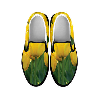 Yellow Tulip Print Black Slip On Shoes