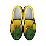 Yellow Tulip Print Black Slip On Shoes
