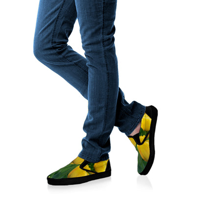Yellow Tulip Print Black Slip On Shoes
