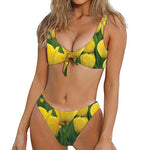 Yellow Tulip Print Front Bow Tie Bikini
