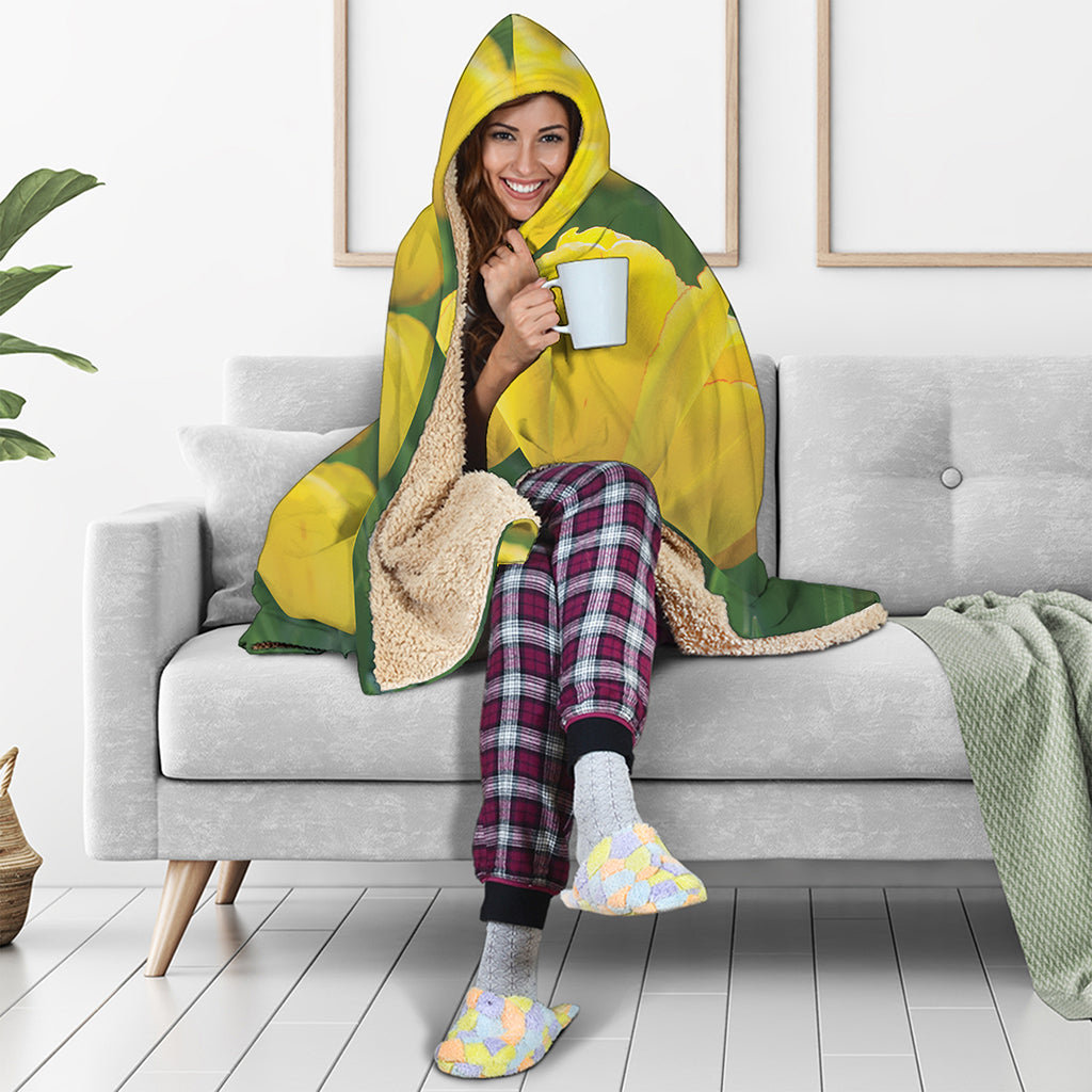 Yellow Tulip Print Hooded Blanket