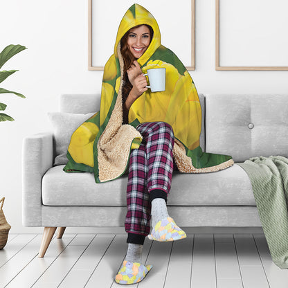 Yellow Tulip Print Hooded Blanket