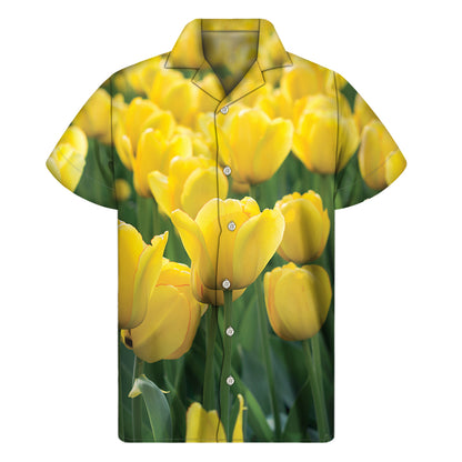 Yellow Tulip Print Men's Short Sleeve Shirt