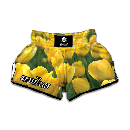 Yellow Tulip Print Muay Thai Boxing Shorts