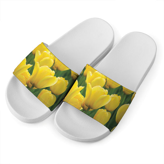 Yellow Tulip Print White Slide Sandals