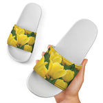 Yellow Tulip Print White Slide Sandals