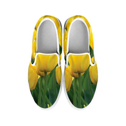 Yellow Tulip Print White Slip On Shoes