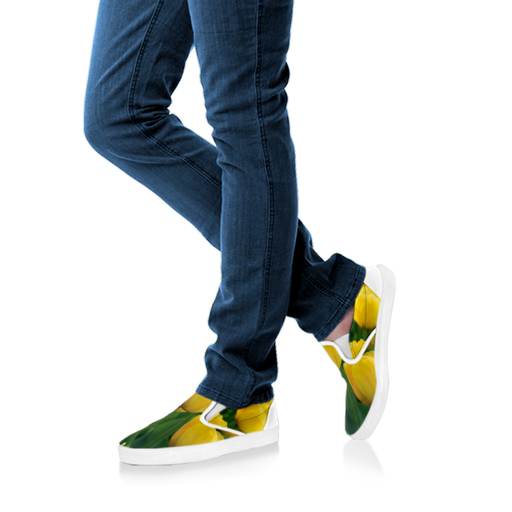 Yellow Tulip Print White Slip On Shoes