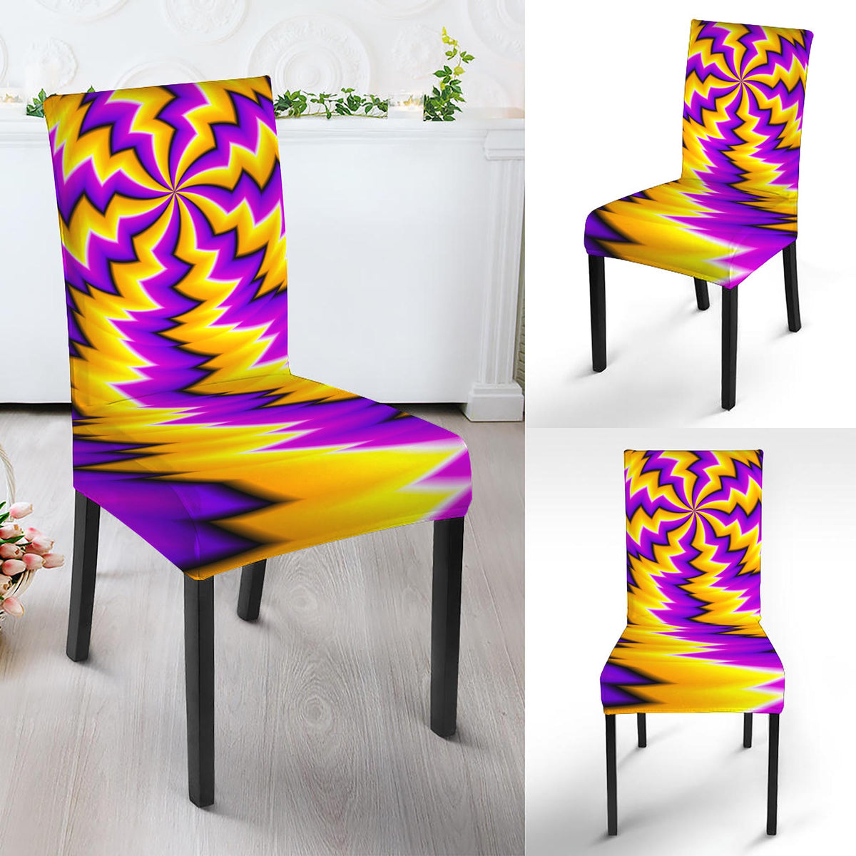 Yellow Vortex Moving Optical Illusion Dining Chair Slipcover
