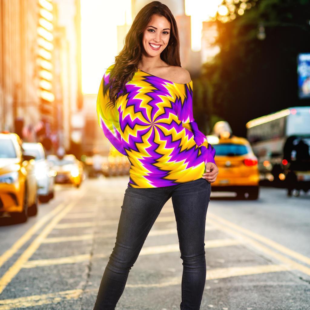 Yellow Vortex Moving Optical Illusion Off Shoulder Sweatshirt GearFrost