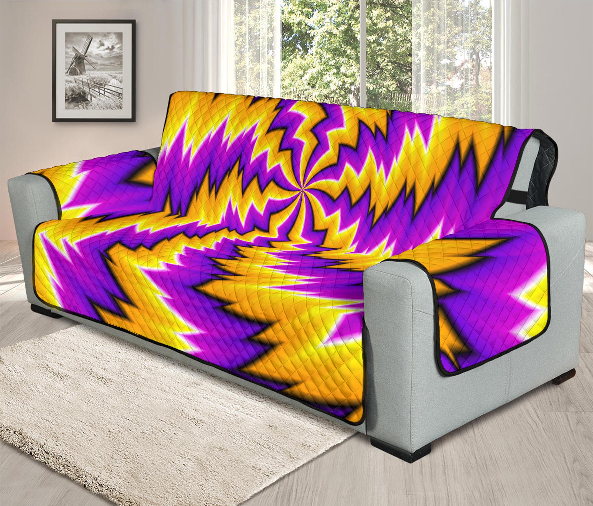 Yellow Vortex Moving Optical Illusion Oversized Sofa Protector